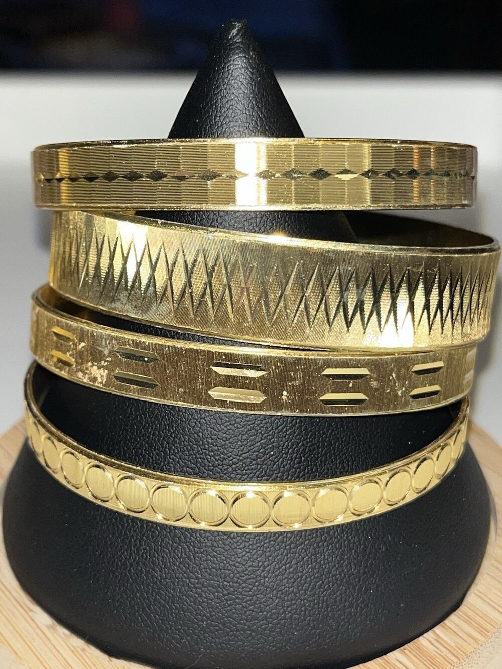 Set Vintage W. Germany Costume Gold Tone Wide Etched Bangle Bracelets 8" (B3-4)